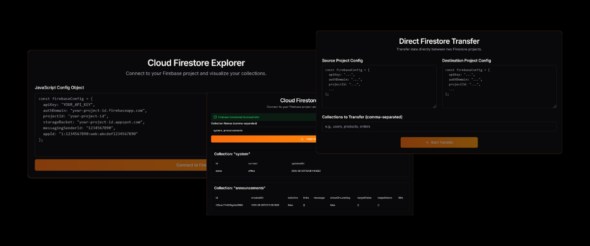 Screenshot of FireTool UI showing Cloud Firestore Explorer and Direct Firestore Transfer